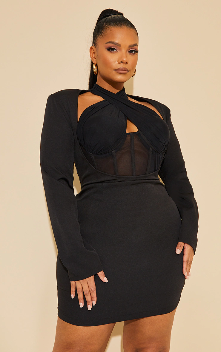 Plus Black Corset Cross Front Bodycon Dress