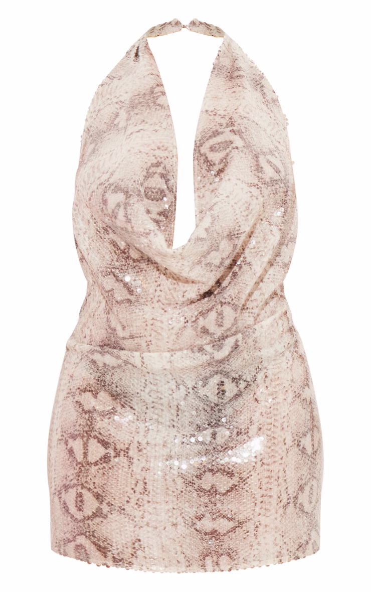 Plus Silver Snake Sequin Cowl Bodycon Dress