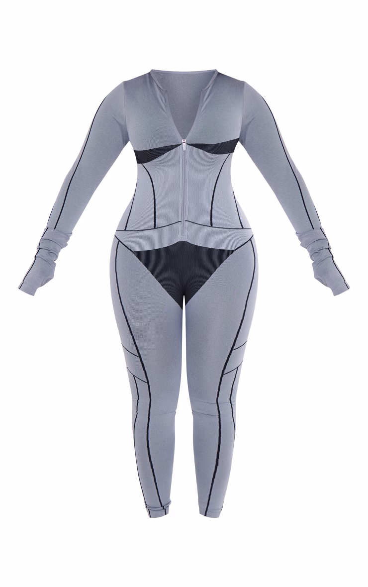 Shape Light Grey Seamless Contrast Long Sleeve Zip Through Jumpsuit