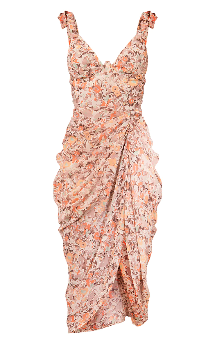 Peach Floral Print Underwire Detail Draped Midi Dress