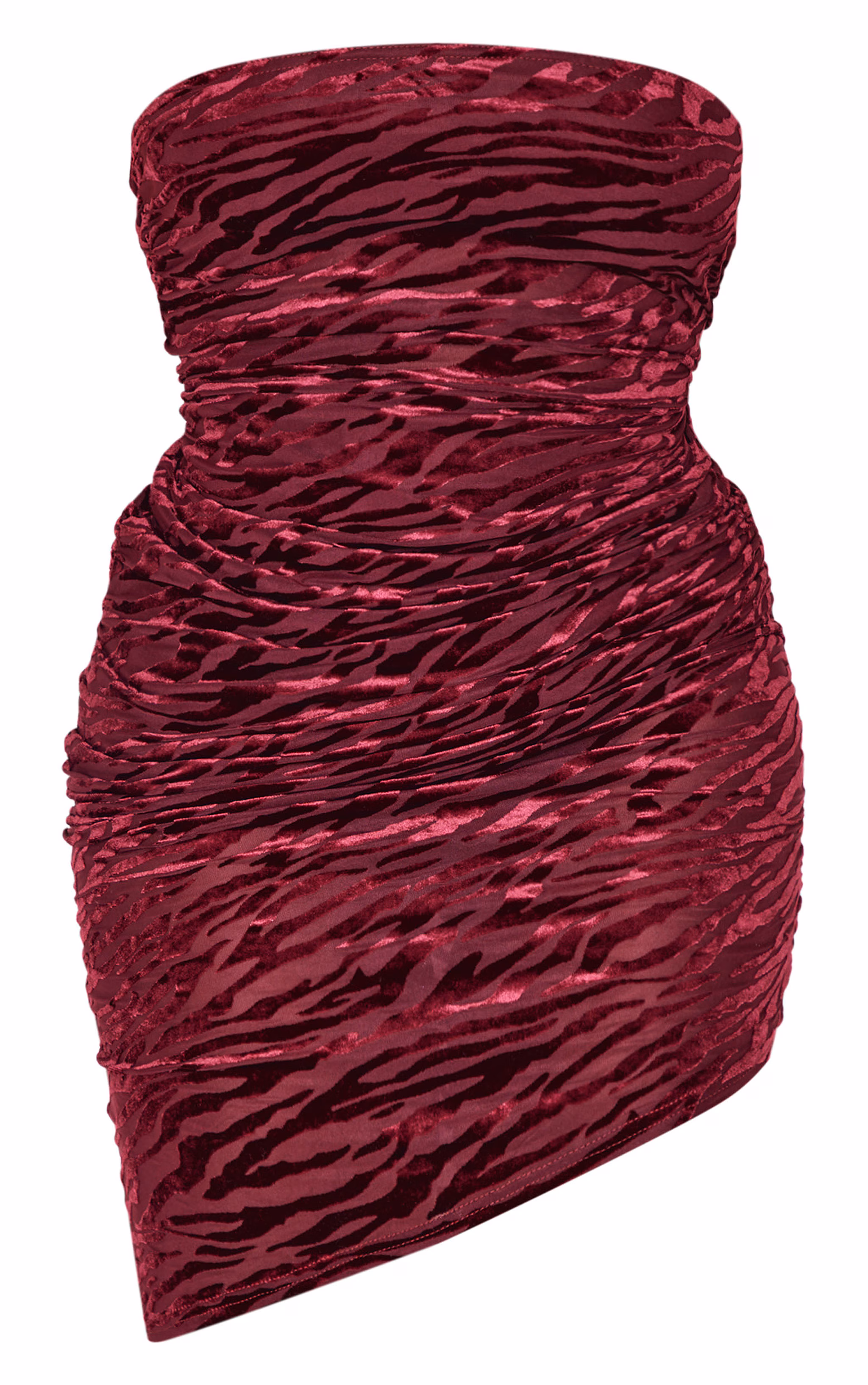 Shape Burgundy Zebra Devore Bandeau Ruched Side Mini Dress