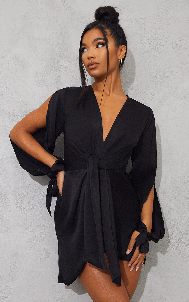Black Satin Twist Front Open Sleeve Wrap Dress