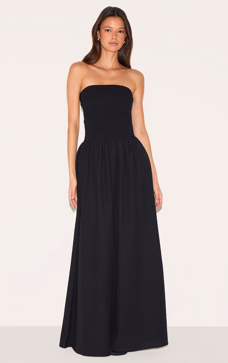 Black Bandeau Shirred Detail Maxi Dress