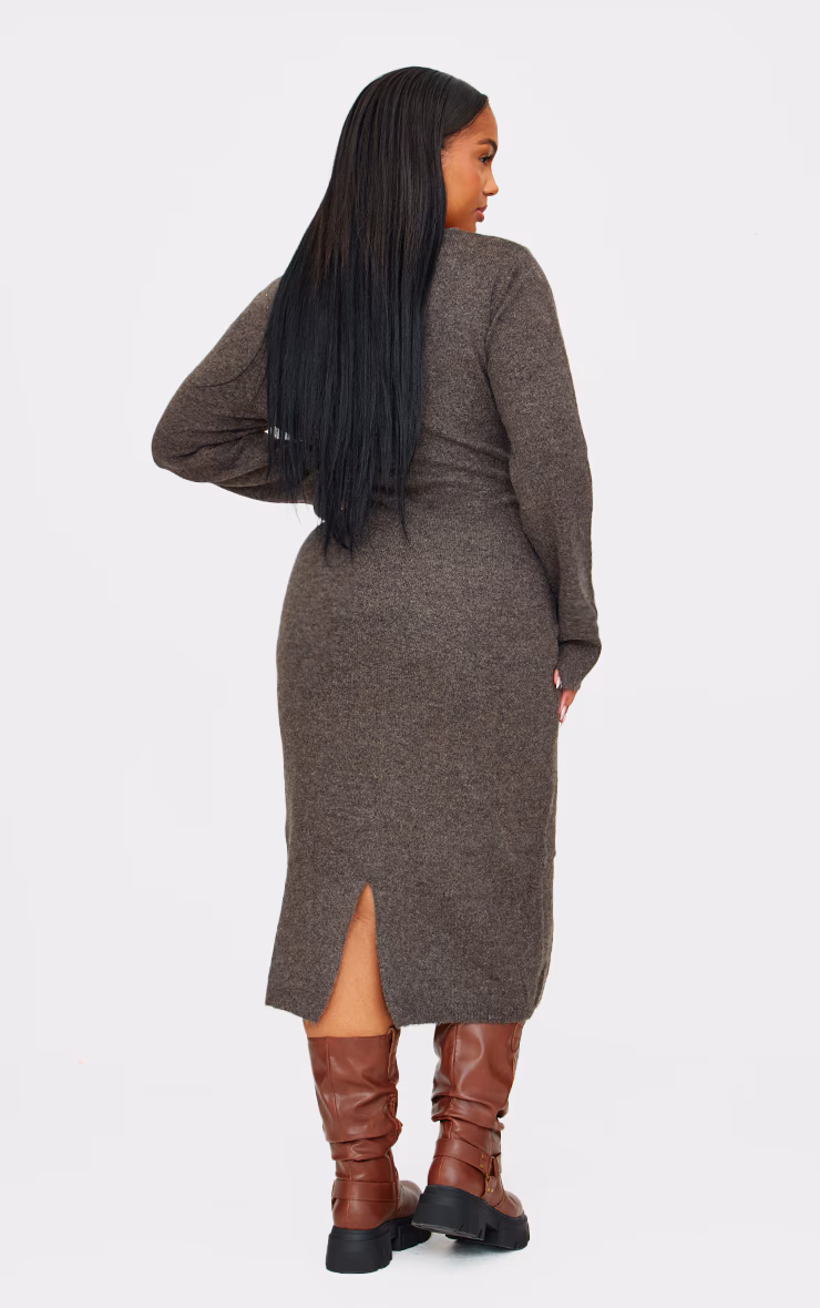 Plus Chocolate Knitted Seam Front Midaxi Dress