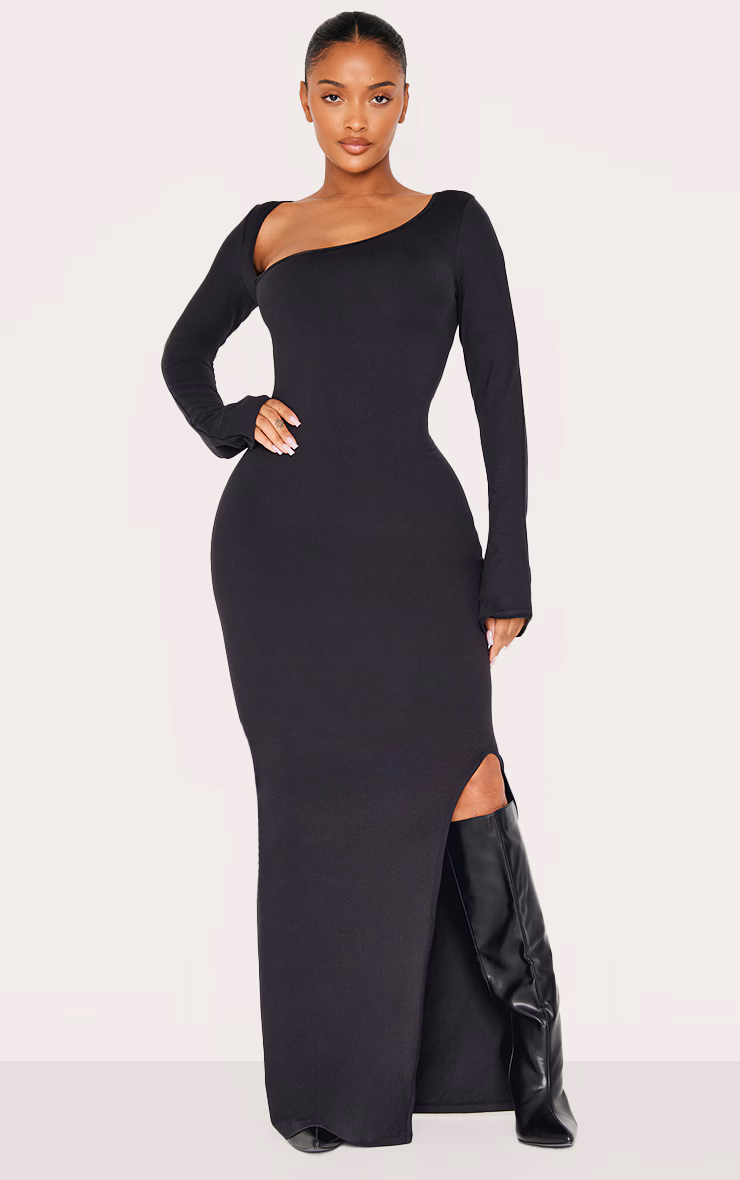 Shape Black Sculpt Asymmetric Neck Flared Sleeve Maxi Dress