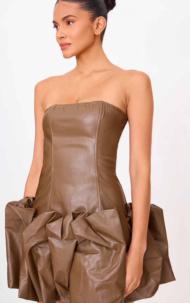 Brown Faux Leather Bandeau Puffball Mini Dress