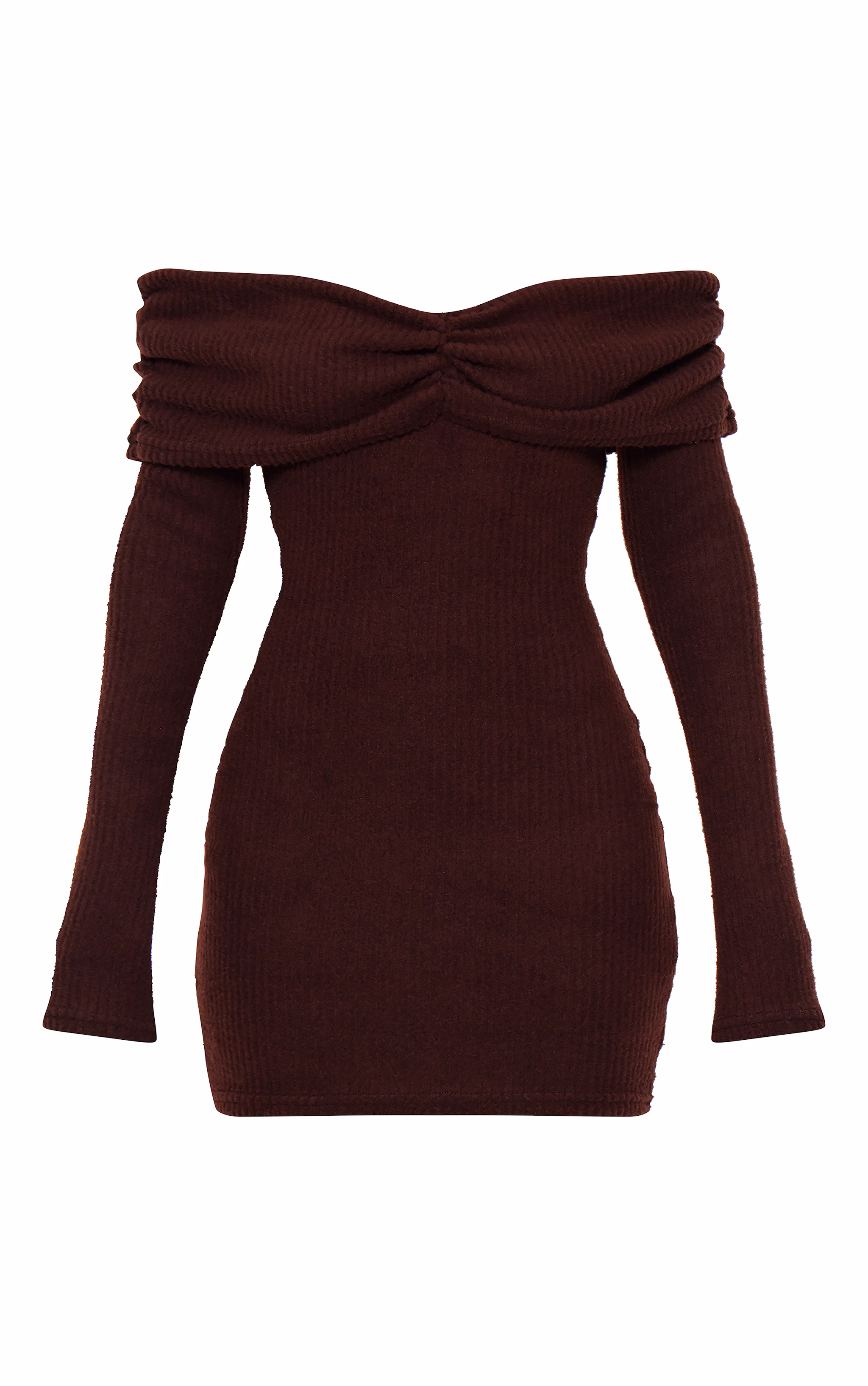 Chocolate Brushed Rib Bardot Long Sleeve Bodycon Dress
