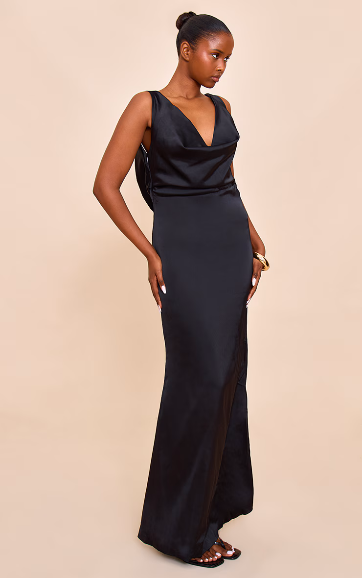 Black Bridesmaid Satin Cowl Neck Maxi Dress