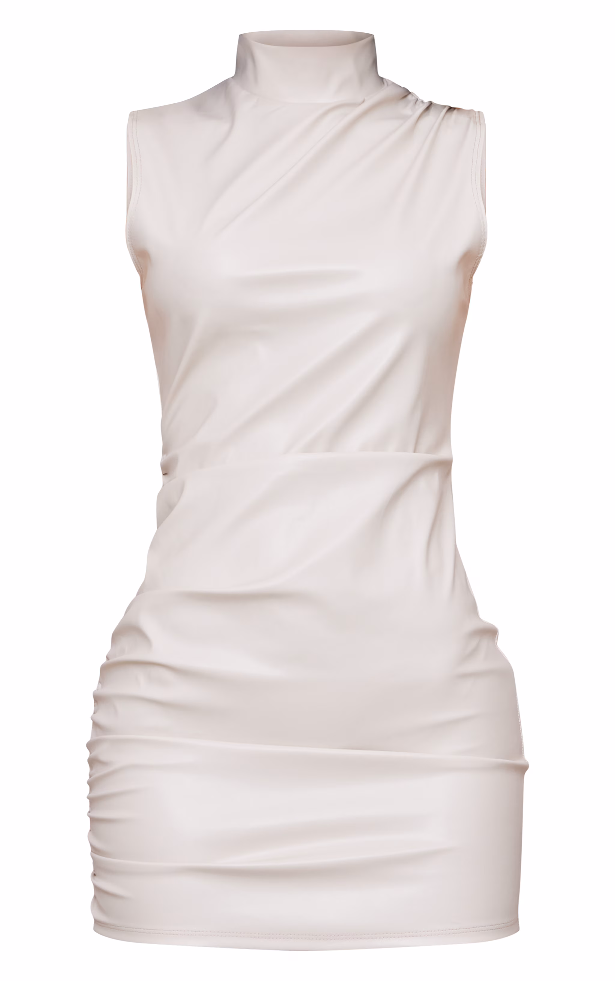 Pebble Faux Leather High Neck Sleeveless Ruched Mini Dress