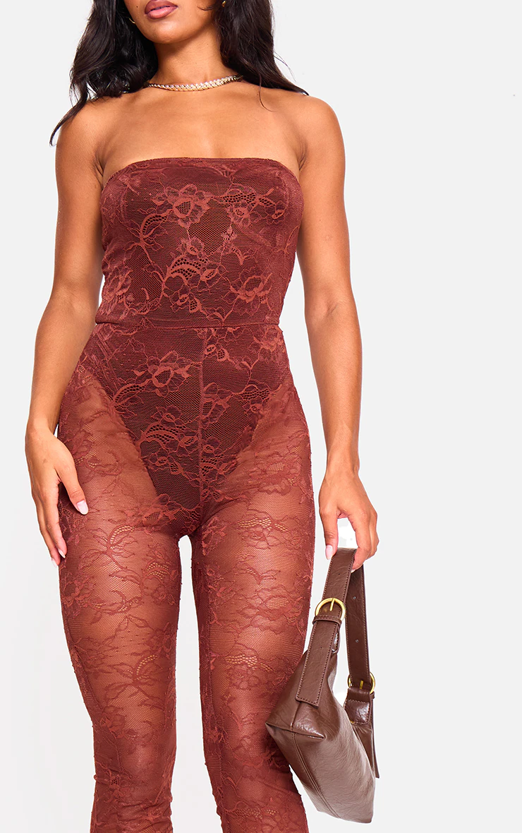 Brown Lace Bodysuit Detail Bandeau Jumpsuit