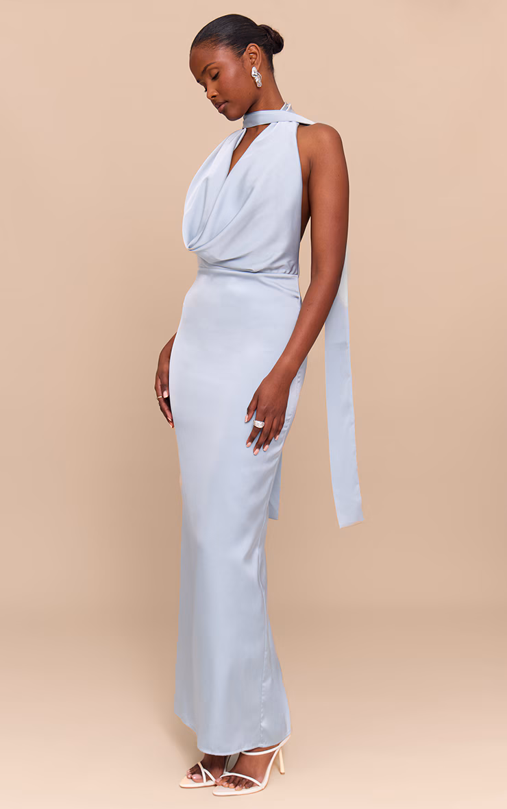 Baby Blue Satin Cowl Neck Drape Maxi Dress