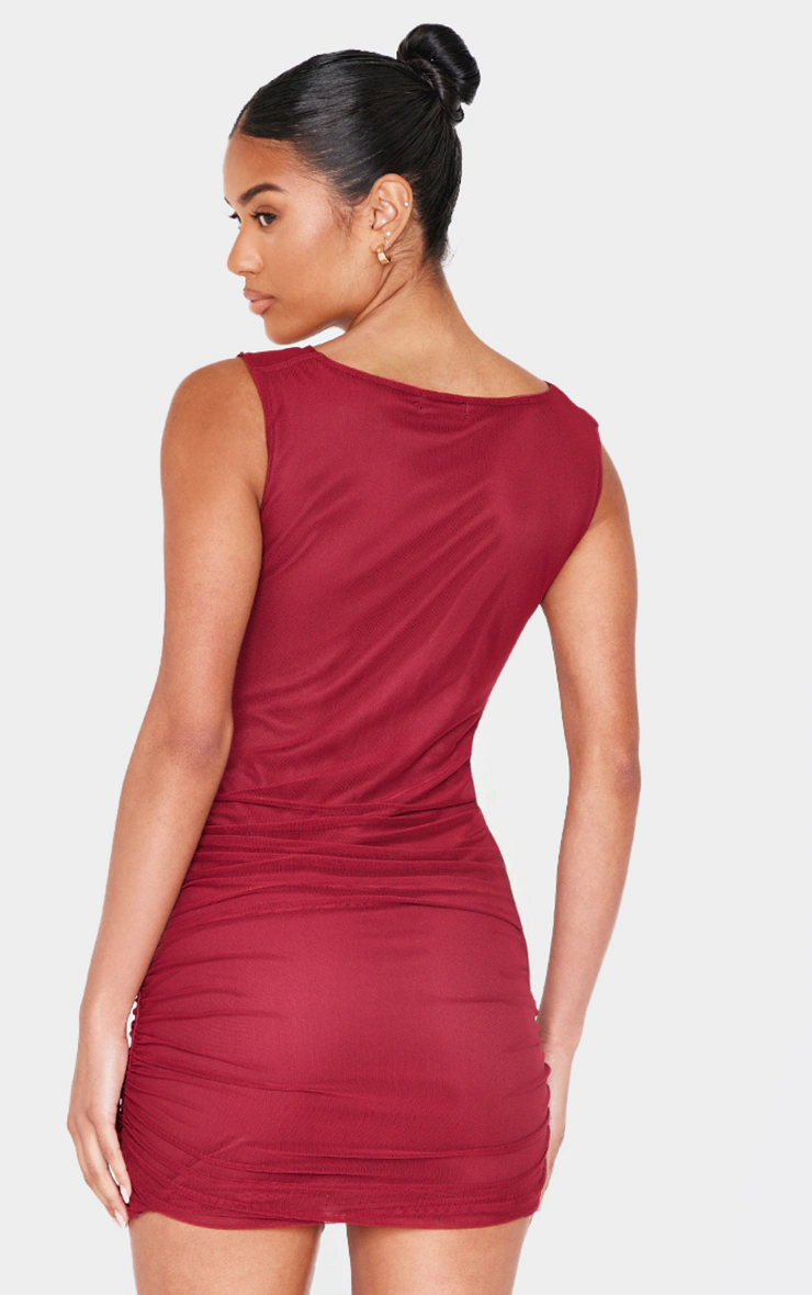 Burgundy Mesh Plunge Knot Detail Mini Dress