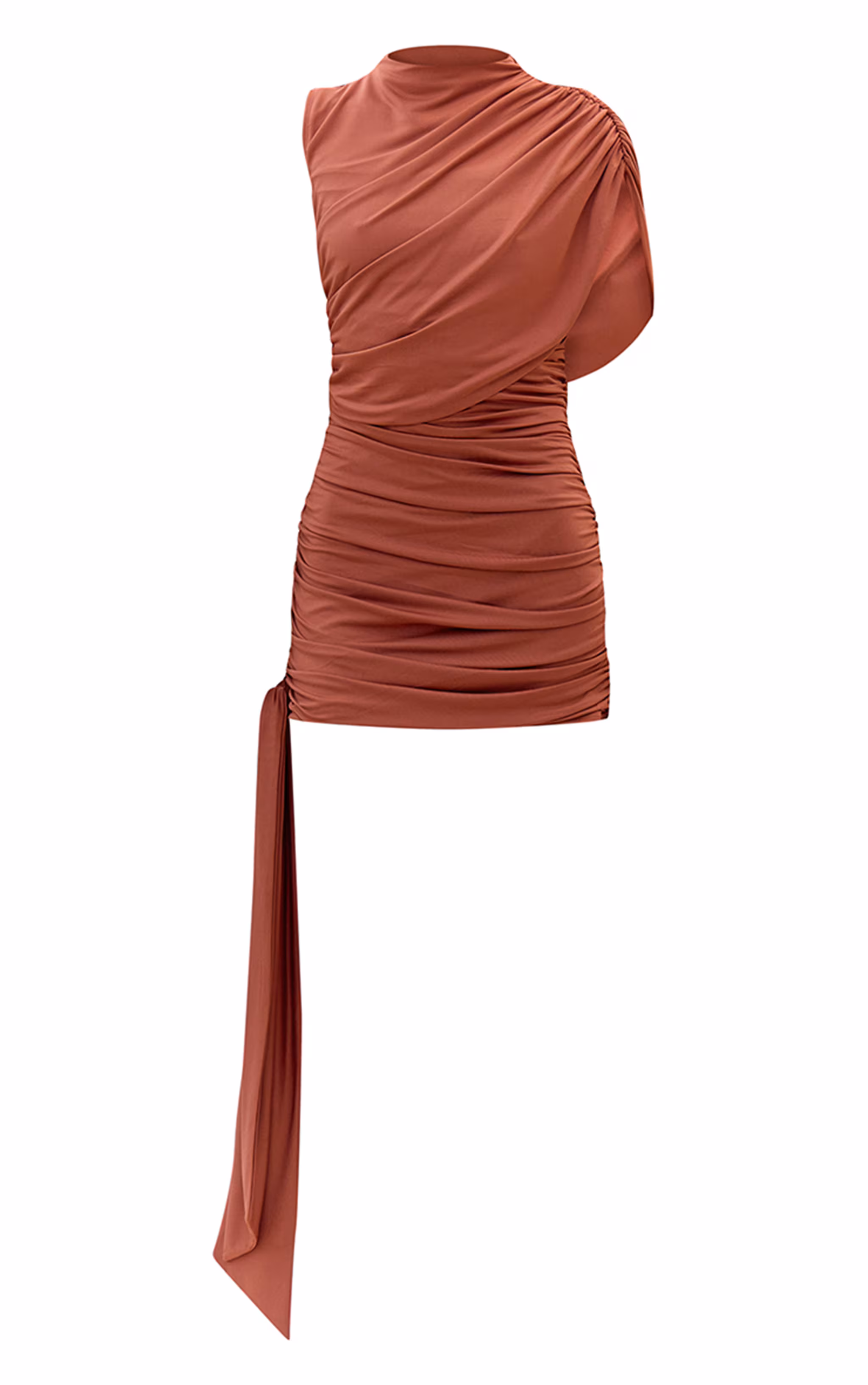 Burnt Orange Slinky Drape Detail Ruched Bodycon Dress