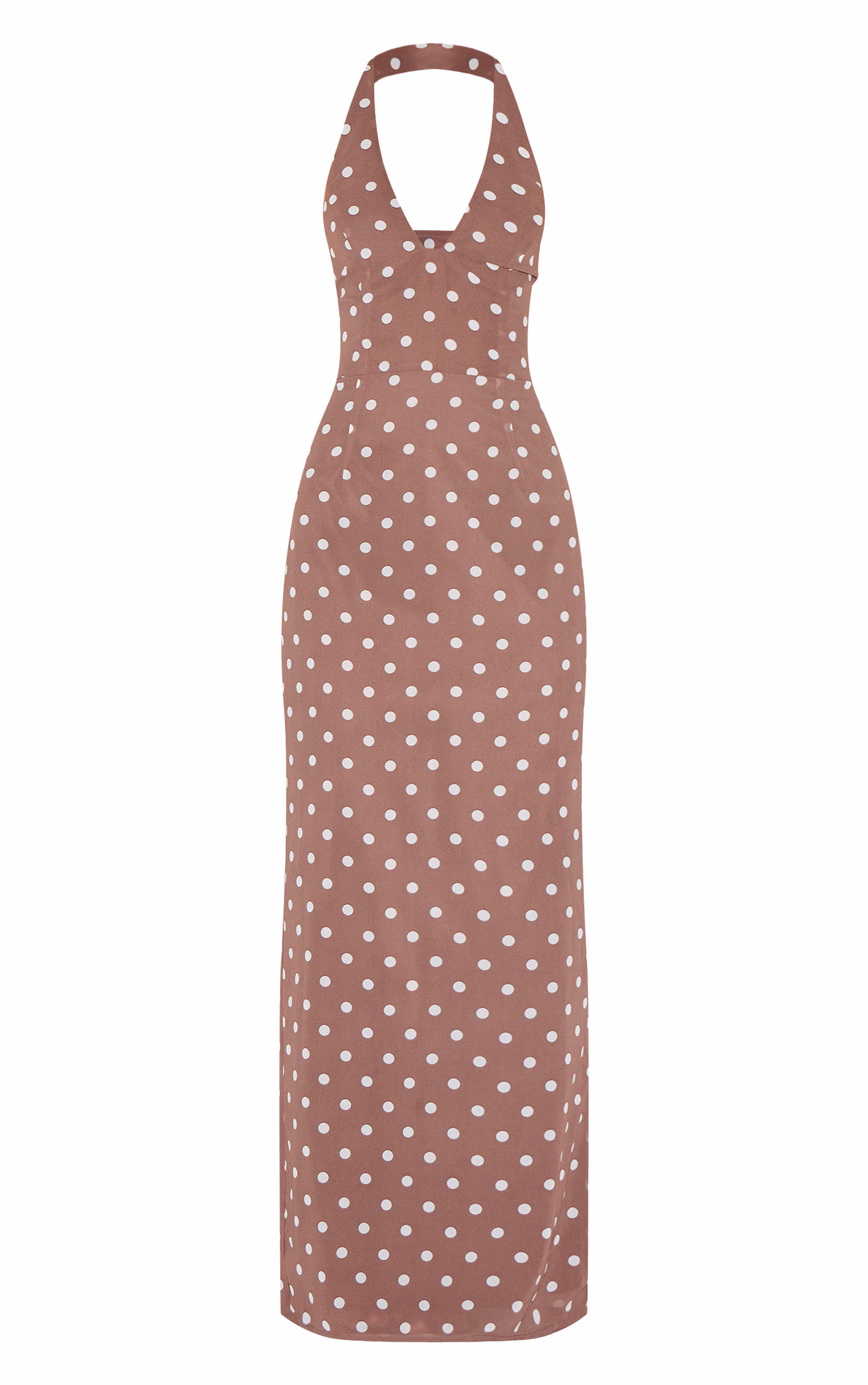 Chocolate Chiffon Polka Dot Printed Plunge Neck Maxi Dress