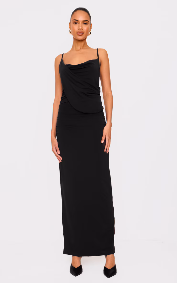 Black Double Layer Slinky Drape Detail Maxi Dress