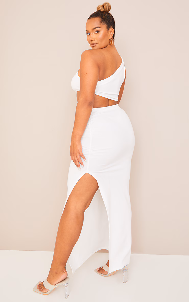 Shape Cream One Shoulder Ruched Cut Out Extreme Split Maxi Dress
