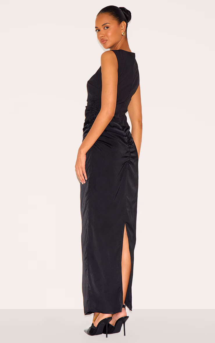 Black Woven High Neck Ruched Drape Midaxi Dress