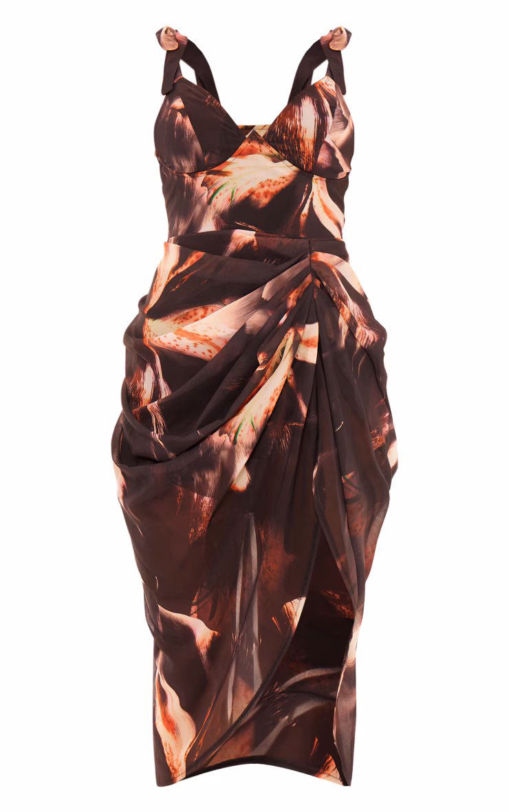 Brown Underwire Detail Draped Midi Dress