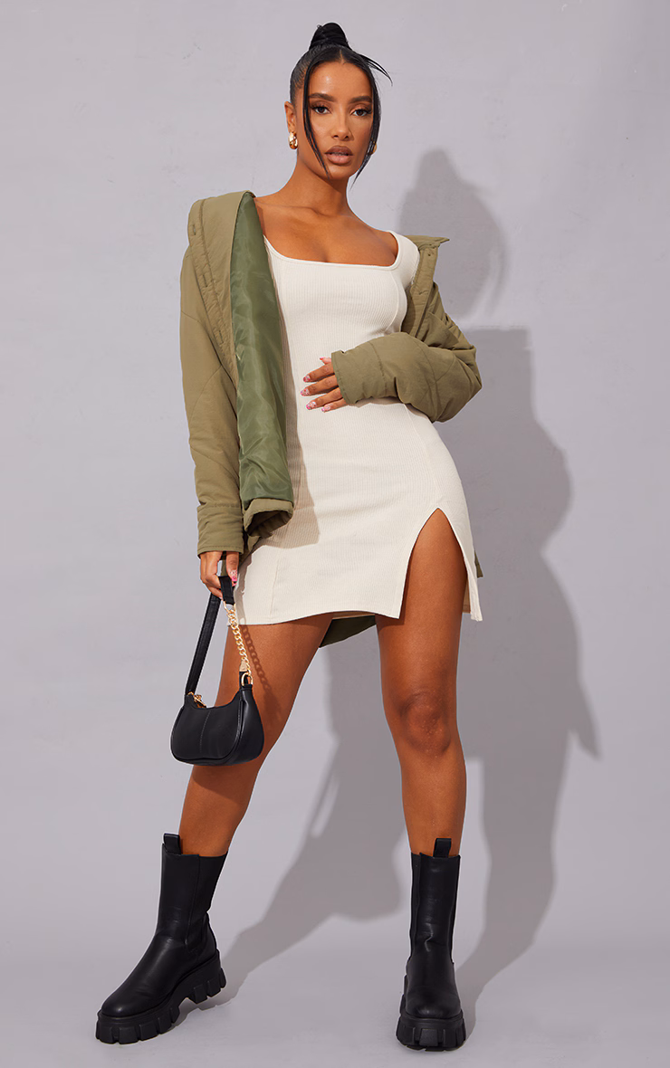 Cream Rib Split Hem Square Neck Long Sleeve Bodycon Dress