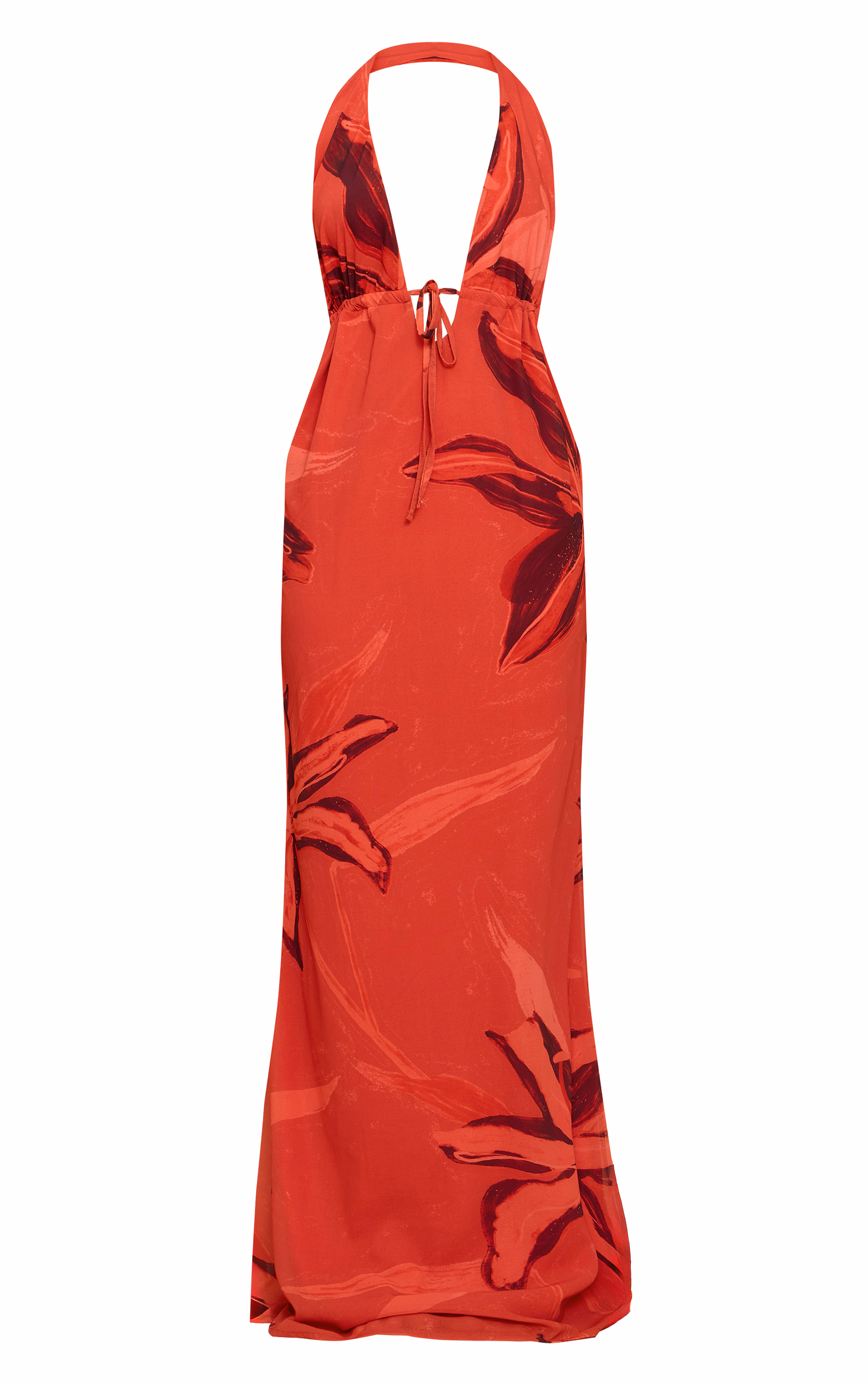 Rust Printed Plunge Tie Detail Maxi Dress