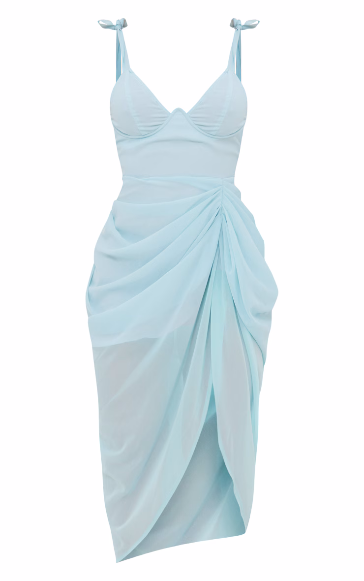 Light Blue Underwire Detail Draped Midi Dress
