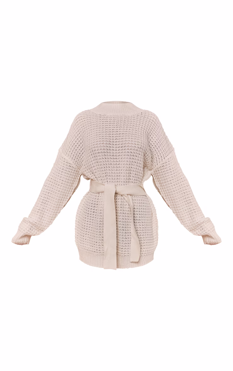 Petite Cream Soft Touch Belted Knit Sweater Dress