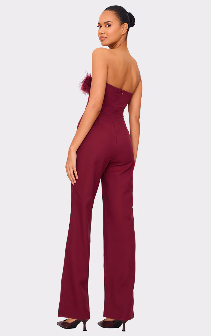Burgundy Faux Fur Bandeau Straight Leg Jumpsuit