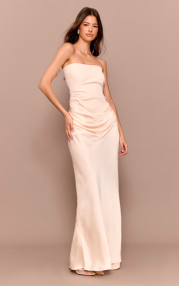 Natural Bandeau Satin Drape Detail Midaxi Dress