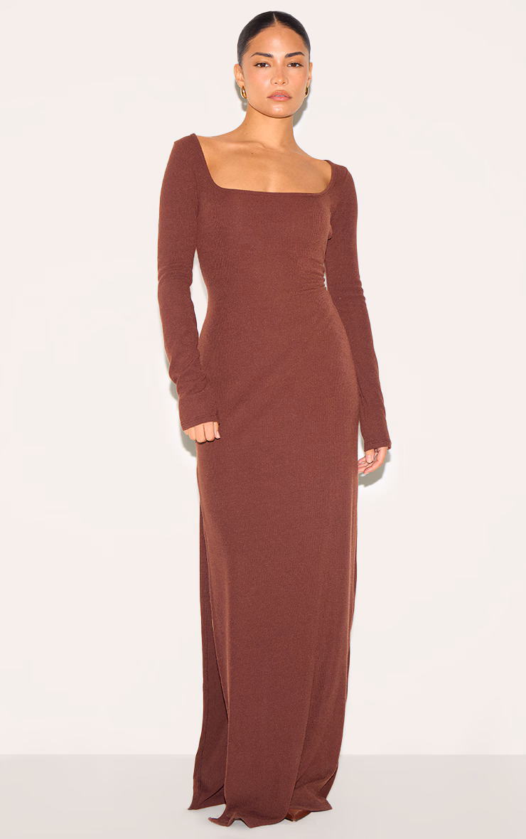 Petite Chocolate Ribbed Long Sleeve Maxi Dress