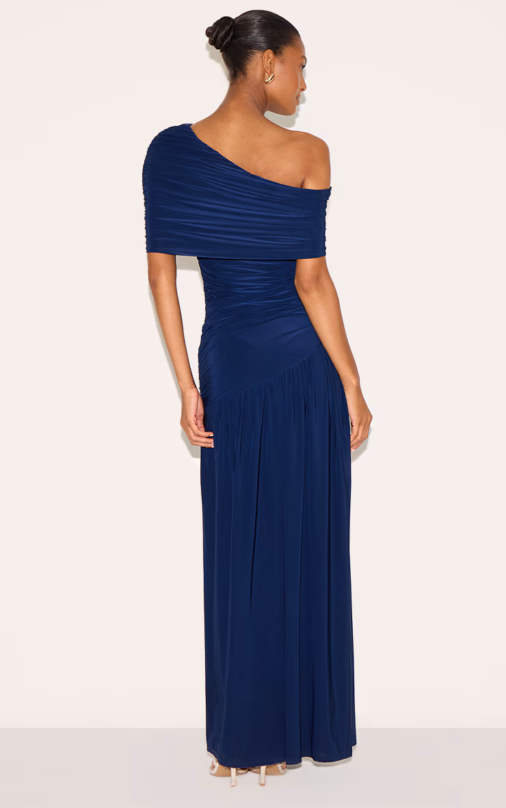 Navy Double Layer Slinky Bardot One Shoulder Ruched Maxi Dress