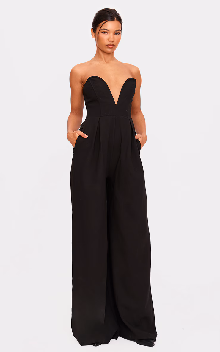 PLT Label Black Plunge Wide Leg Jumpsuit