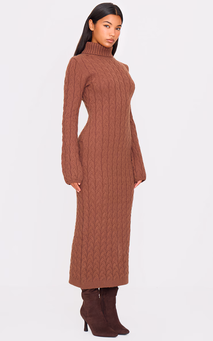 Cappuccino Chunky Cable Knit Roll Neck Maxi Sweater Dress