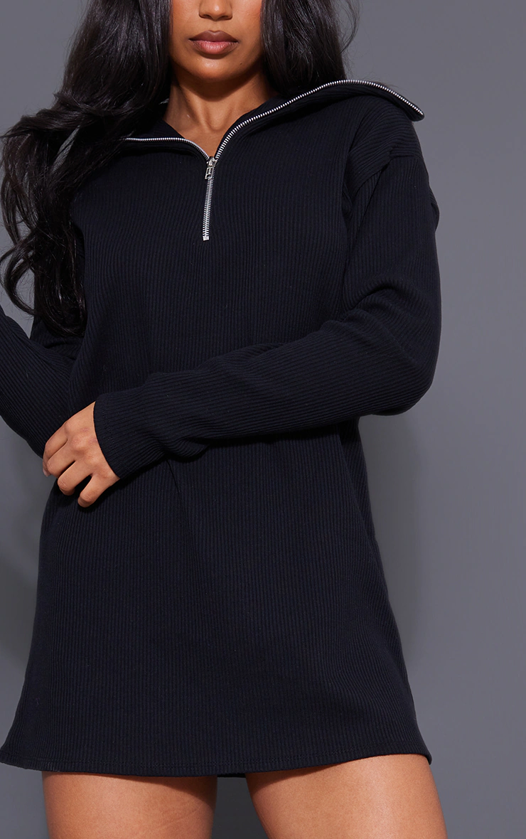 Black Rib High Neck Half Zip Oversized Sweater Dress