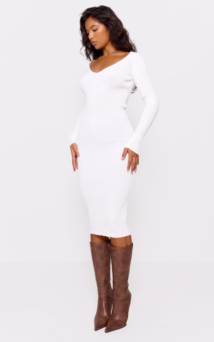 Cream V Neck Knit Midi Dress