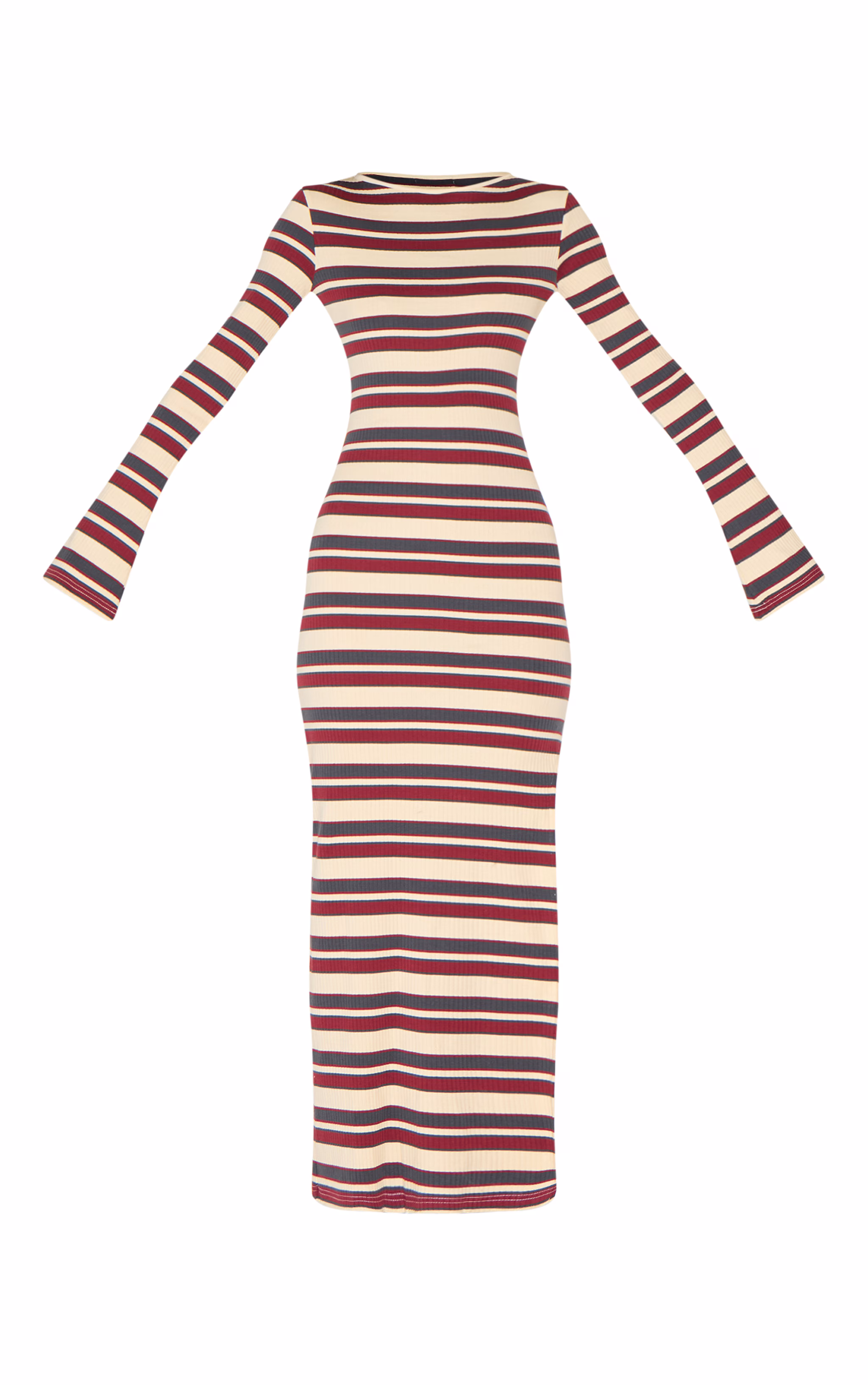 Burgundy Striped Boat Neck Long Sleeve Bodycon Dress