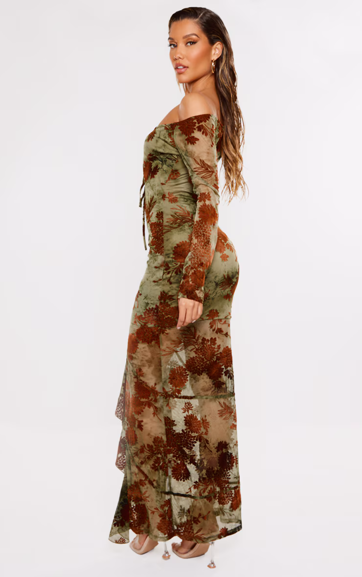 Green Floral Print Devore Off The Shoulder Long Sleeve Maxi Dress