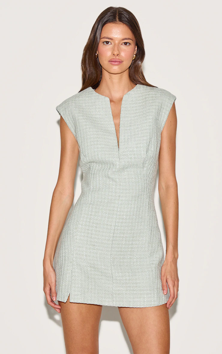 Sage Green Boucle V Neck Shift Dress