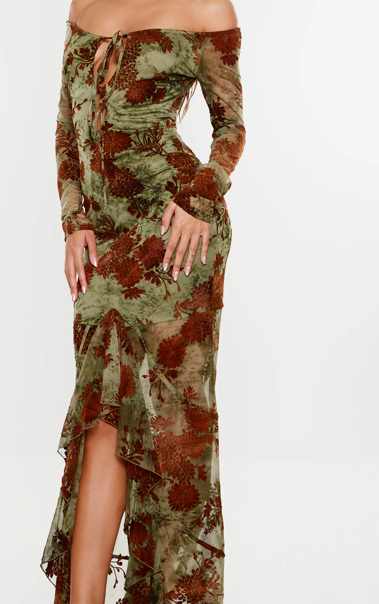 Green Floral Print Devore Off The Shoulder Long Sleeve Maxi Dress