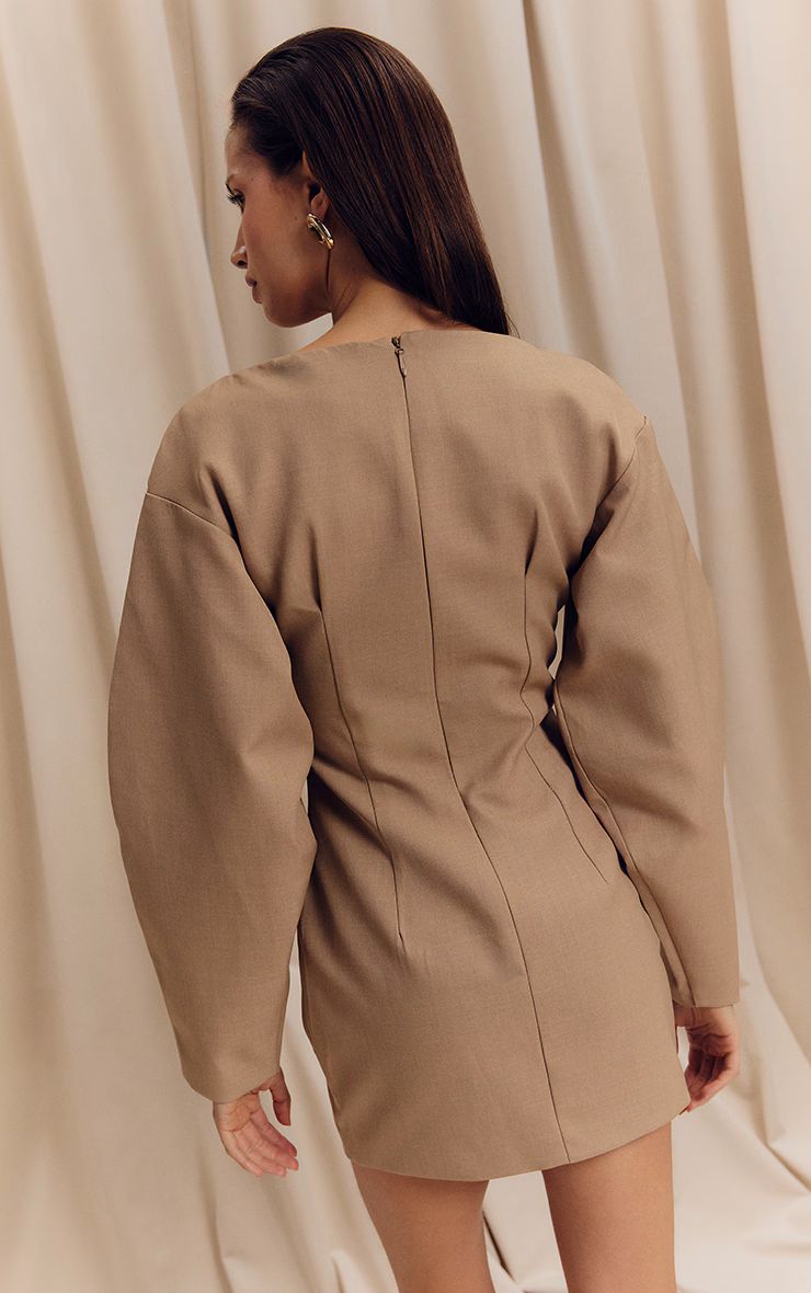 Camel Cocoon Sleeve Cinched Waist Blazer Dress