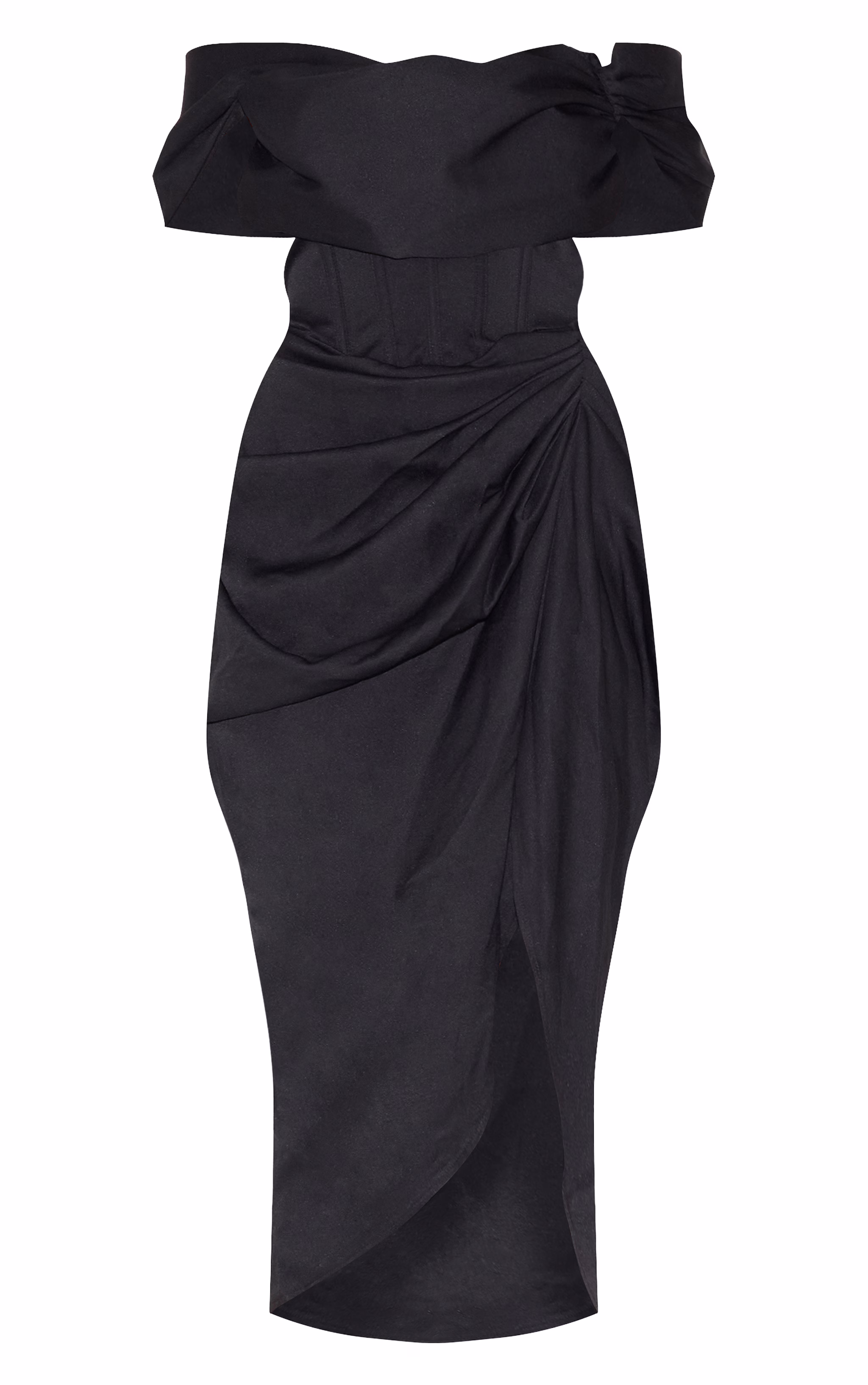 Black Corset Bardot Draped Midi Dress