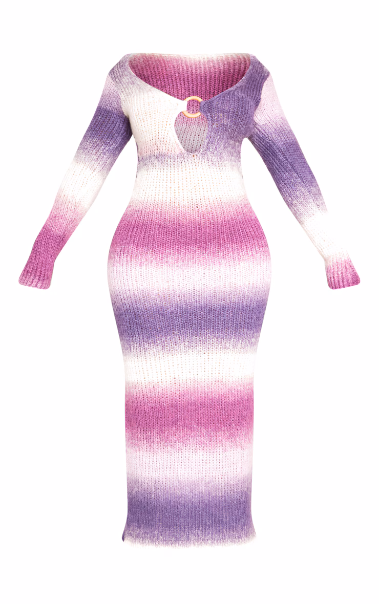 Shape Purple Ombre Knit Plunge Ring Long Sleeve Midaxi Dress