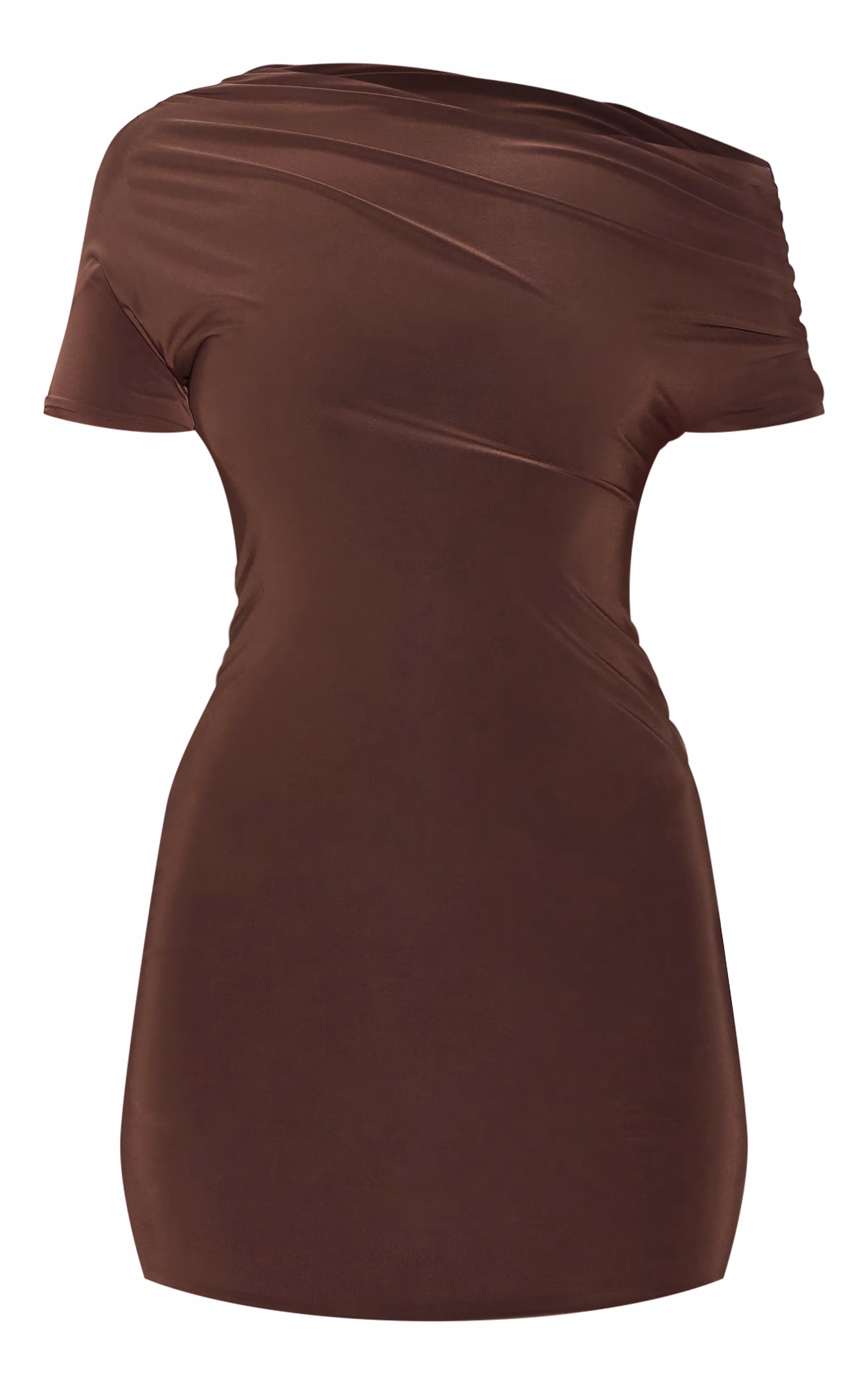 Chocolate Slinky Off The Shoulder Ruched Mini Dress