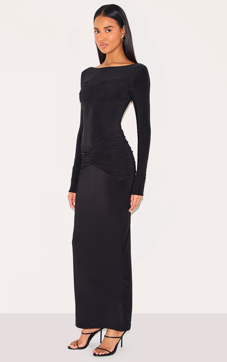 Black Sinky Ruched Panel Detail Maxi Dress