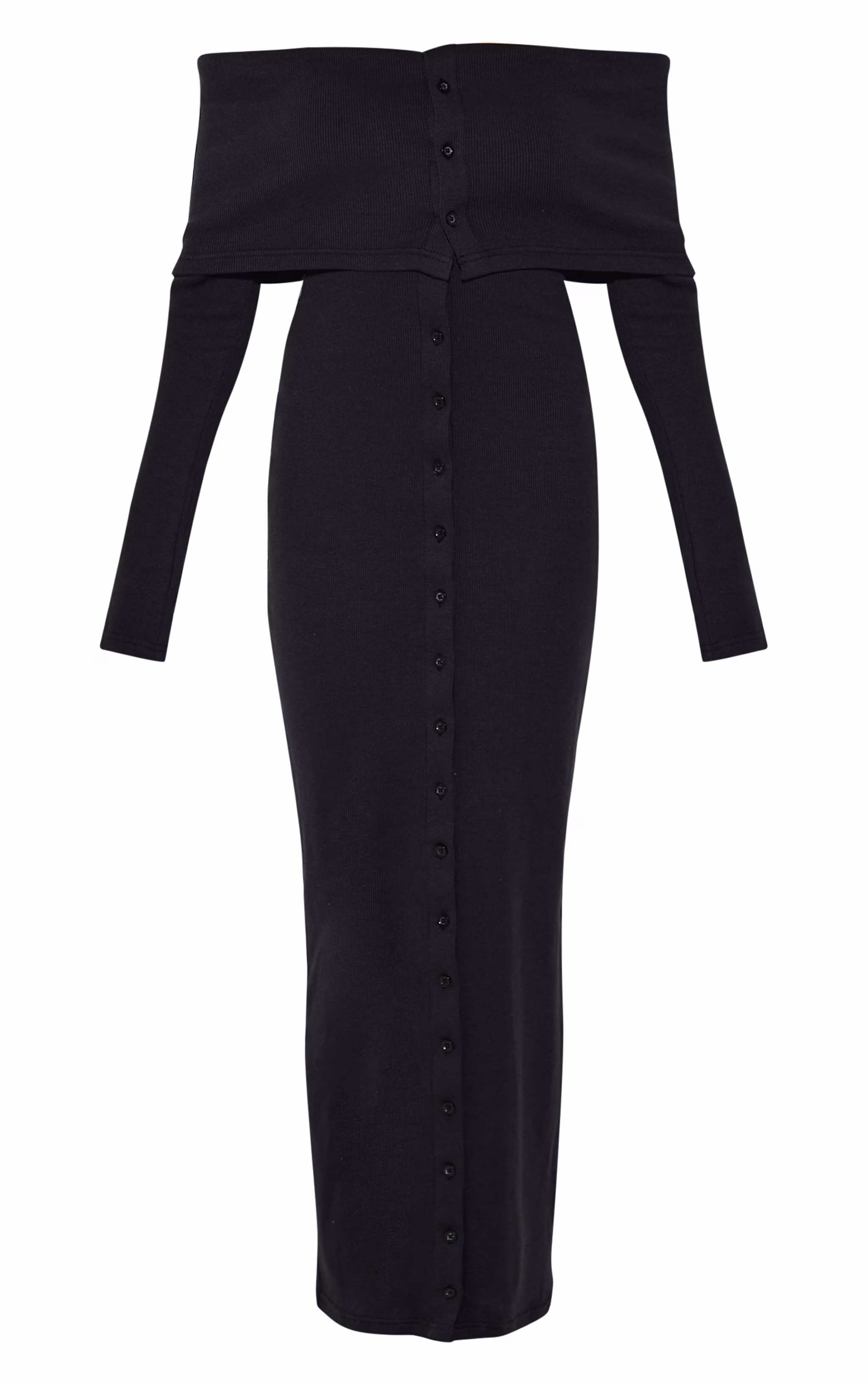 Black Rib Fold Over Bardot Button Maxi Dress