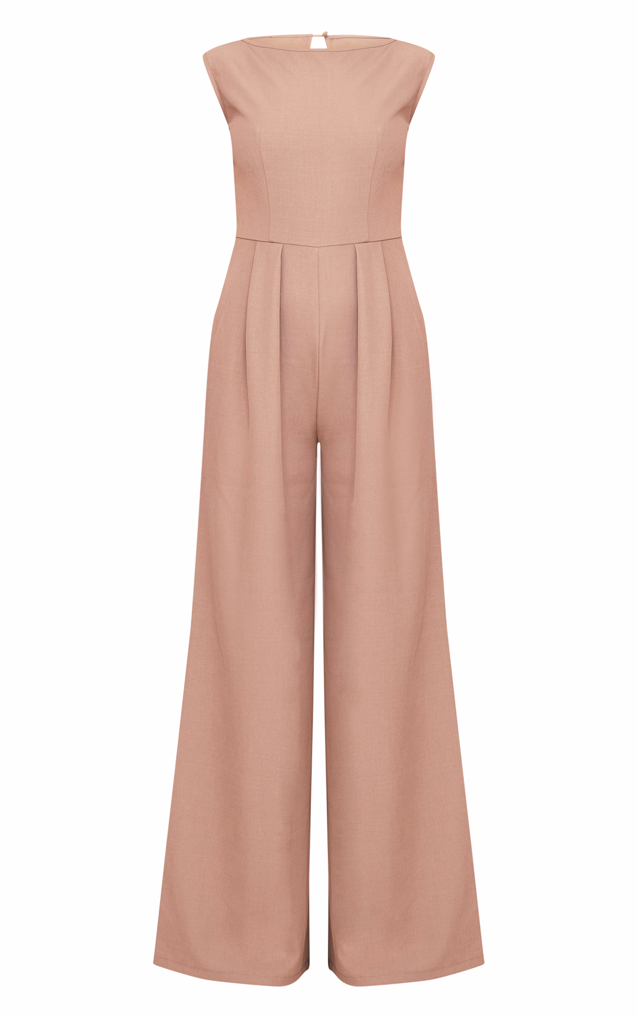 Stone Structured Woven Boat Neck Tailored Straight Leg Jumpsuit