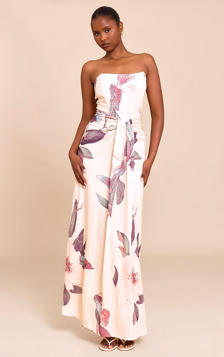 Stone Floral Bandeau Corset Drape Detail Maxi Dress