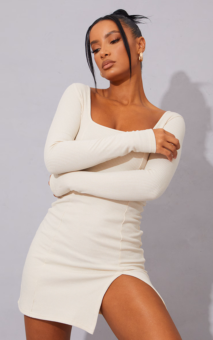 Cream Rib Split Hem Square Neck Long Sleeve Bodycon Dress