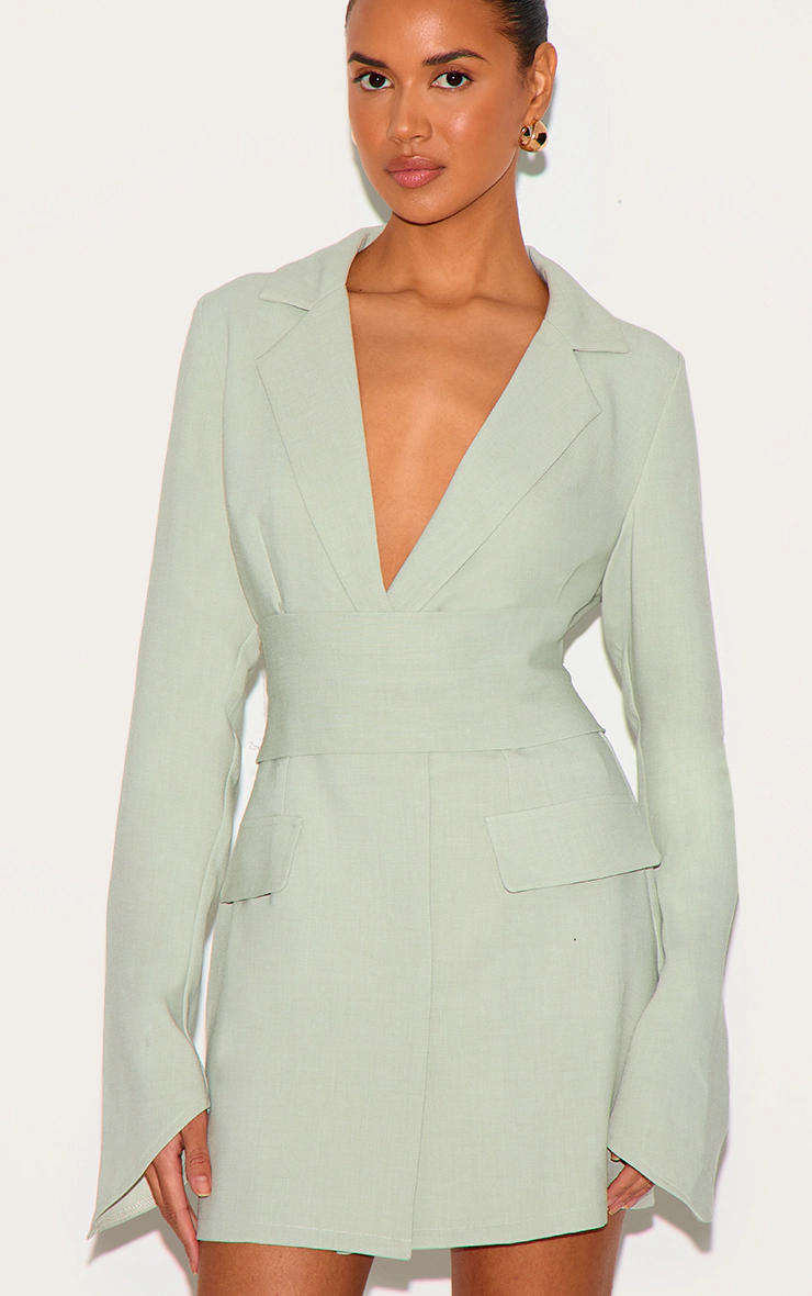 Sage Green Woven Belted Blazer Dress