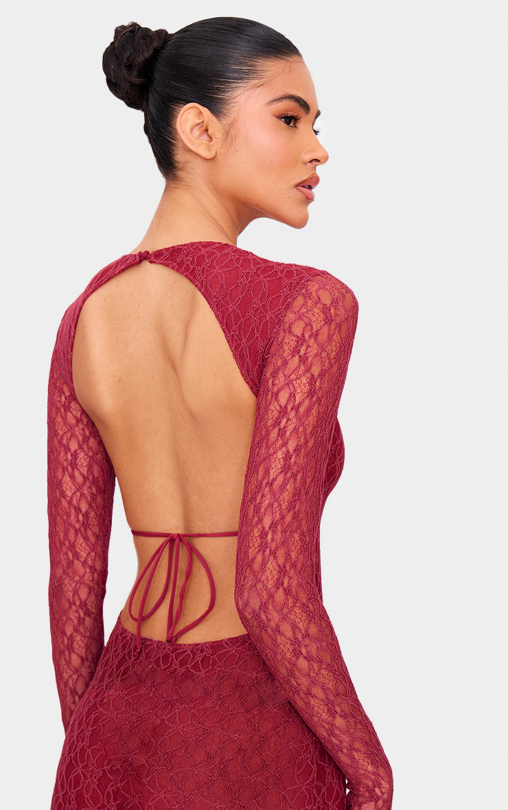 Cherry Red Lace Backless Long Sleeve Maxi Dress
