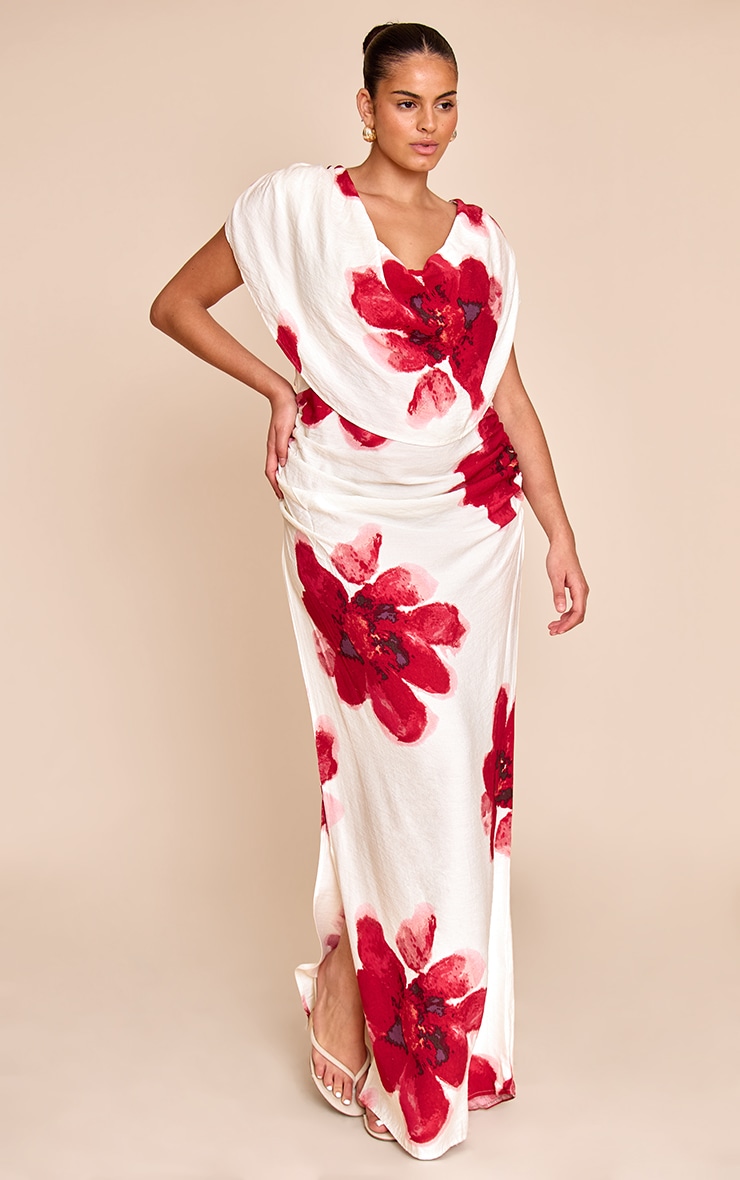 Plus Red Printed Extreme Cowl Ruched Detail Maxi Dress